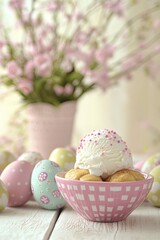 Easter treat cookies, ice cream, eggs & pink floral d?cor