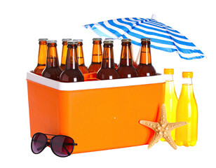 Orange cooler with beer bottles, juice, sunglasses, starfish, under beach umbrella
