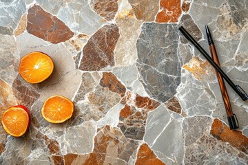 Marble with citrus and pens, warm tone, abstract stone