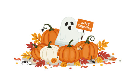 Fototapeta premium Halloween Ghost and Pumpkin Celebration with Autumn Leaves