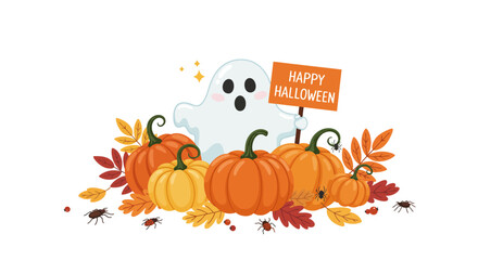 Whimsical Halloween Scene Ghost, Pumpkins, and Autumn Leaves - A Festive Illustration for the Holiday