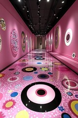 Pink art gallery hallway with vibrant, circular patterns