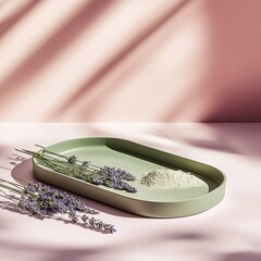 Lavender & powder on green tray, pink backdrop with shadows