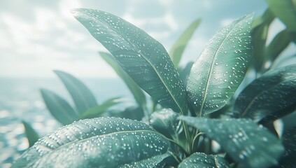 Leafy plant, covered in dew, ocean background, soft light