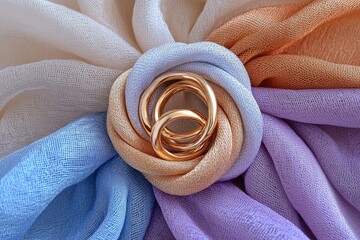 Pastel scarves and gold rings form a flower-like arrangement