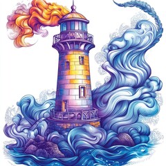 Fantasy lighthouse with vibrant surreal waves around base