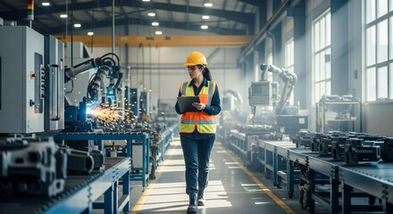 Chief Technical Officer Working at Metal Components Production Factory. Young Middle Eastern Specialist Walking in the Facility, Using Tablet Computer to Monitor the Manufacturing Process