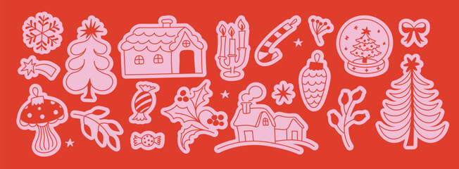 Vector illustration in simple hand drawn style, in trendy playful whimsical quirky style, for Christmas and New Year prints, cards, banners, with funny and friendly mascot and character