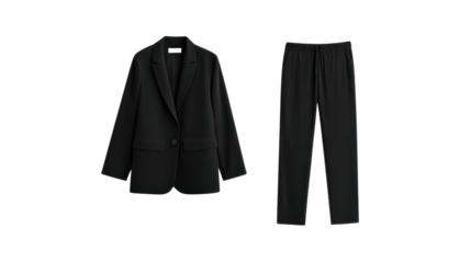 Minimalist monochrome fashion set with black blazer and trousers isolated on a Transparent background, PNG file.