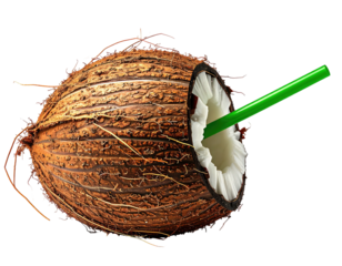 Fresh coconut with a green straw sticking out, against a black background
