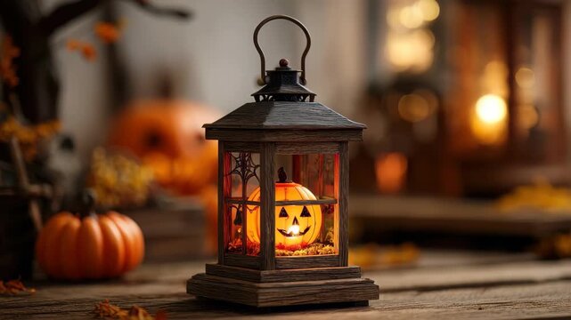 Halloween lantern mini frame made of wood featuring a glowing pumpkin with a spooky face surrounded by autumn decorations in an inviting setting