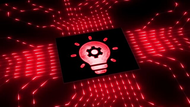 Glowing light bulb gear icon animation, technology innovation idea video, red neon background motion graphics for digital projects