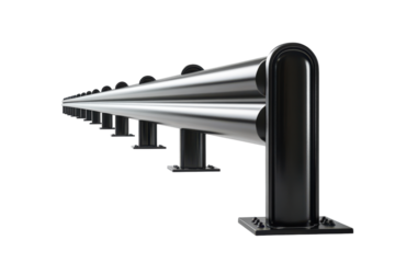 Metal guardrail section with posts isolated on transparent background. Guardrail isolated on white background.