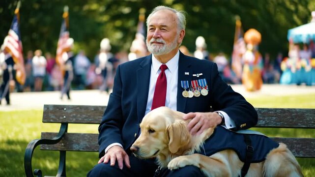 A Proud Veteran and His Loyal Service Dog at a Veterans Day Ceremony, Honoring a Veteran with His Golden Retriever Companion at a Remembrance Day Parade