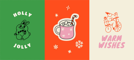Vector illustration in simple hadn drawn style, in trendy playful whimsical quirky style, for Christmas and New Year prints, cards, banners, with funny and friendly mascot and character