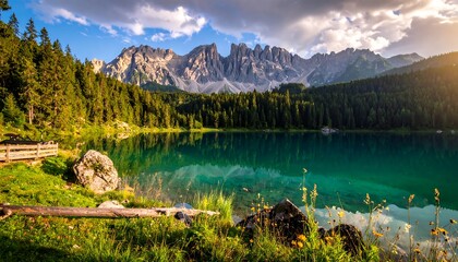 Scenic alpine lake at sunset