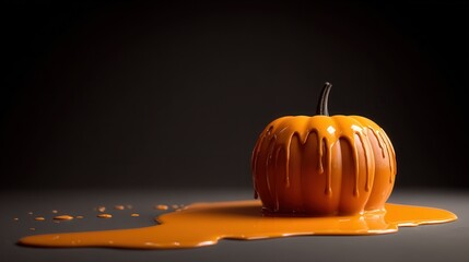 Melting Halloween pumpkin on a plain dark background