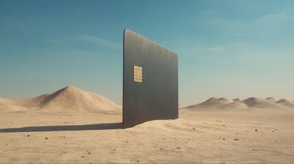 Single giant credit card standing upright in a desert