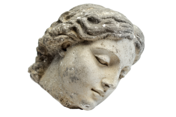 Ancient marble sculpture of a sleeping woman's head isolated on transparent background. Gypsum copy of ancient statue venus head isolated on white background.
