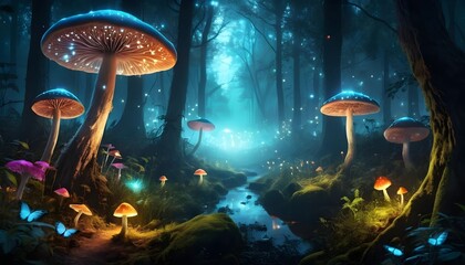 Enchanted Forest with Bioluminescent Mushrooms and Fireflies