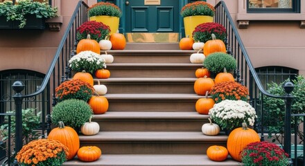 Fall decorations adorn the steps of a building with pumpkins and colorful mums in pots and on the stairs