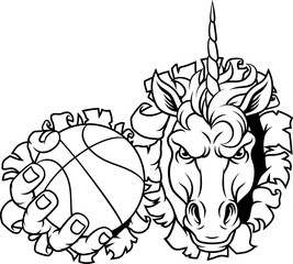 Unicorn horse stallion basketball angry sports team mascot holding a ball.