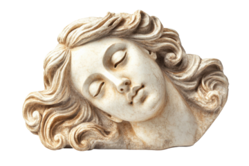 Ancient marble sculpture of a sleeping woman's head isolated on transparent background. Gypsum copy of ancient statue venus head isolated on white background.