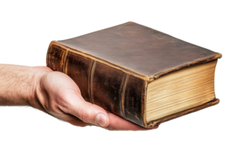 Hand holding an old antique leather bound book isolated on transparent background. Hand holding closed book mockup isolated on white background.