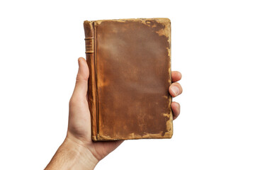 Hand holding an old weathered leather bound book isolated on transparent background. Hand holding closed book mockup isolated on white background.