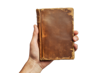 Hand holding an old weathered leather bound book isolated on transparent background. Hand holding closed book mockup isolated on white background.