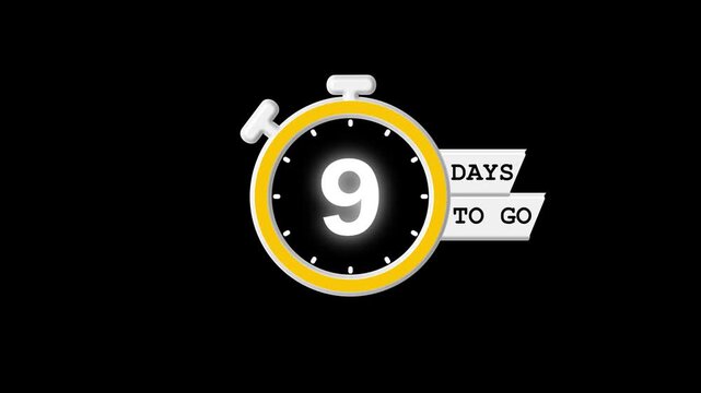 Countdown timer animation, 9 days to go reminder, motion graphics stopwatch countdown, event launch video, simple timer design for upcoming project
