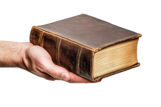 Hand holding an old antique leather bound book isolated on transparent background. Hand holding closed book mockup isolated on white background.