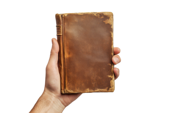 Hand holding an old weathered leather bound book isolated on transparent background. Hand holding closed book mockup isolated on white background.
