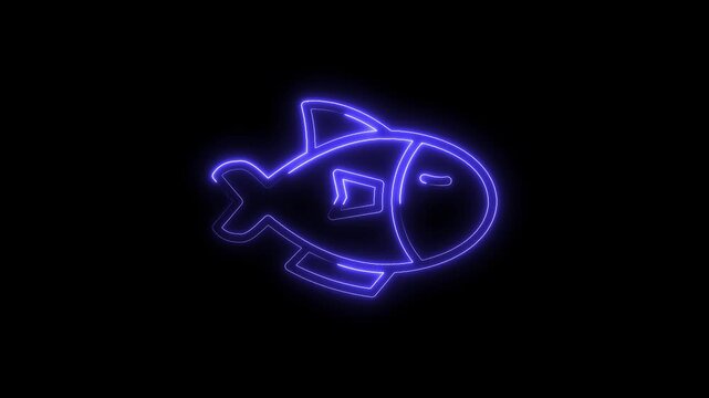 Neon fish icon animation glowing outline on black background minimalist and modern