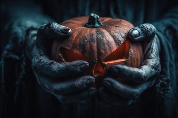 Close-up of decayed zombie hands with torn grey skin and broken fingernails holding a glowing jack-o-lantern pumpkin