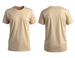 Front & back view mockup of a tan crewneck t-shirt, isolated on black