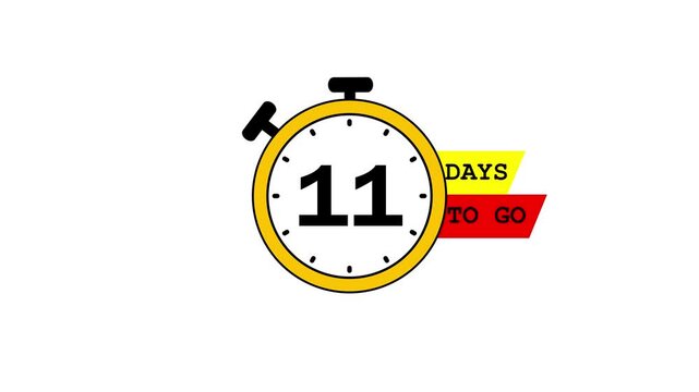 11 days to go, countdown timer animation, stopwatch running numbers, 11 days left reminder, motion graphics event launch video, flat digital countdown with white and green screen background