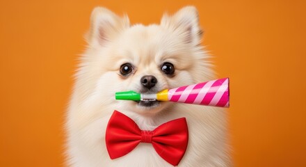 Adorable fluffy Pomeranian dog wearing a bright red bow tie holds a colorful party horn in its mouth against a vibrant orange background. Perfect for birthday celebrations and festive occasions.
