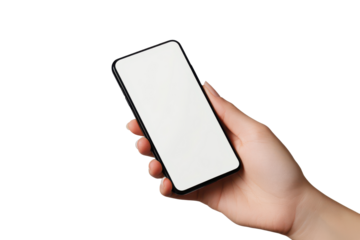 Hand holding a smartphone with a blank screen isolated on transparent background. Hand holding mobile phone finger clicking on blank screen mock up tapping ok on display isolated on white background.