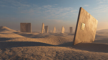 Single giant credit card standing upright in a desert
