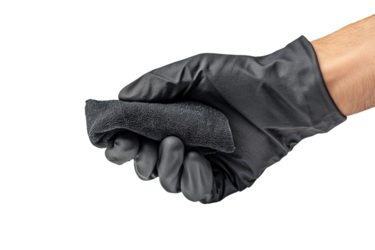 Hand wearing a black glove holding a rough textured fabric isolated on transparent background. Hand in glove wiping cleaning polishing with microfiber cloth isolated on white background.
