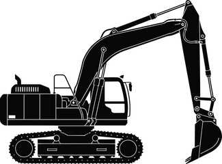 Hydraulic excavator silhouette, construction machinery vector, heavy equipment side view, tracked vehicle illustration, industrial digger arm, bucket, boom, cab detail © Shafik Creatives