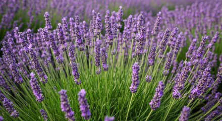 Fototapeta premium Vibrant lavender plants display their distinctive purple flower spikes rising from green stems. The aromatic herb showcases characteristic blooms in full splendor, creating a soothing scene.