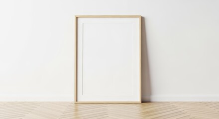 Empty wooden frame with white mat leaning against neutral beige wall on natural wood floor. Clean minimalist interior design perfect for mockups, presentations, and artwork display.