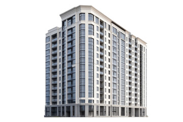 Modern luxury apartment building isolated on transparent background. High rise residential with trendy stylish flats isolated on white background.