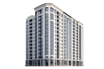 Modern luxury apartment building isolated on transparent background. High rise residential with trendy stylish flats isolated on white background.