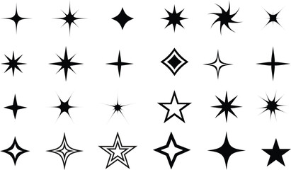 Star sparkle and twinkle icons set shining burst, glitter flash, glowing rays and magic spark elements vector illustration.