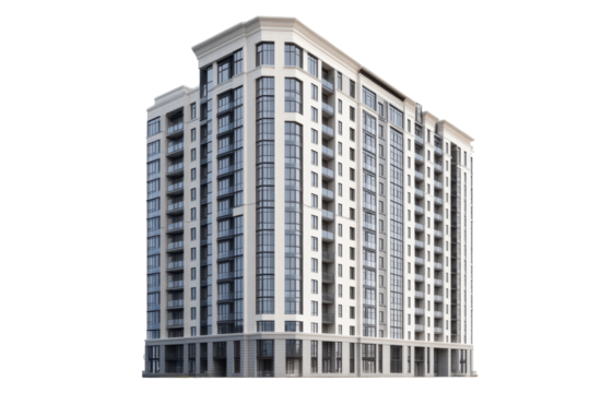 Modern luxury apartment building isolated on transparent background. High rise residential with trendy stylish flats isolated on white background.