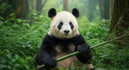 Obraz premium Giant panda sits peacefully in lush green forest holding bamboo stalk. Surrounded by dense vegetation and ferns, this endangered bear displays iconic black and white markings.