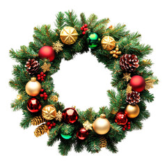 Decorative holiday wreath featuring ornaments and pinecones appears festive on transparent background